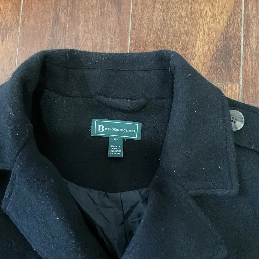 B by Brooks Brothers Boys Black Wool Blend Double Breasted Pea Coat Size 16Y